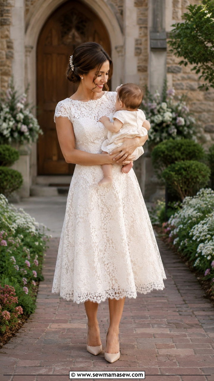 A line lace dress with pointed toe pumps - 25 wedding guest outfits for new moms