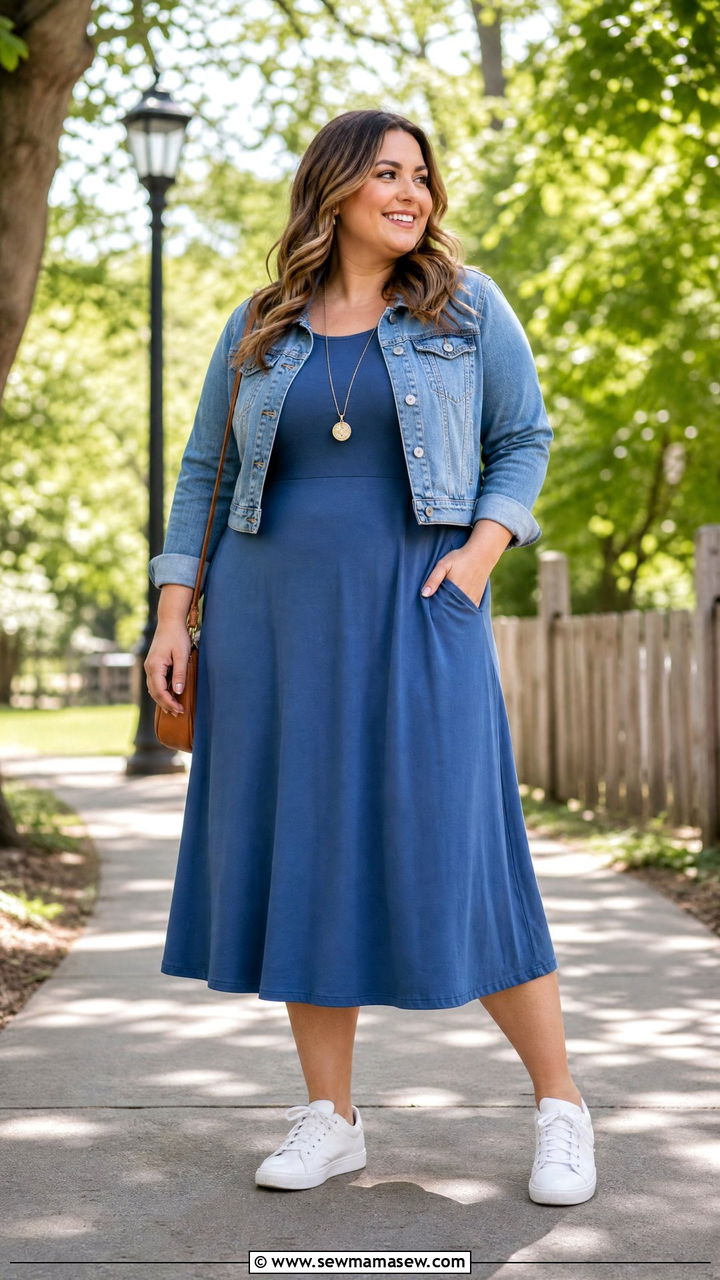 A line midi dress and white sneakers outfit for women with tummy - 25 casual outfits for women with tummy