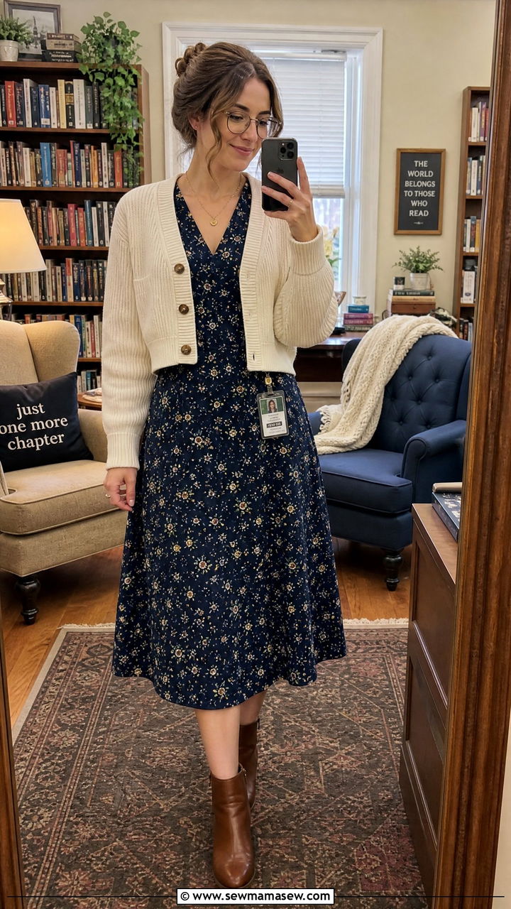 A line midi dress with a cropped cardigan and ankle boots - 35 Librarian outfit ideas for work