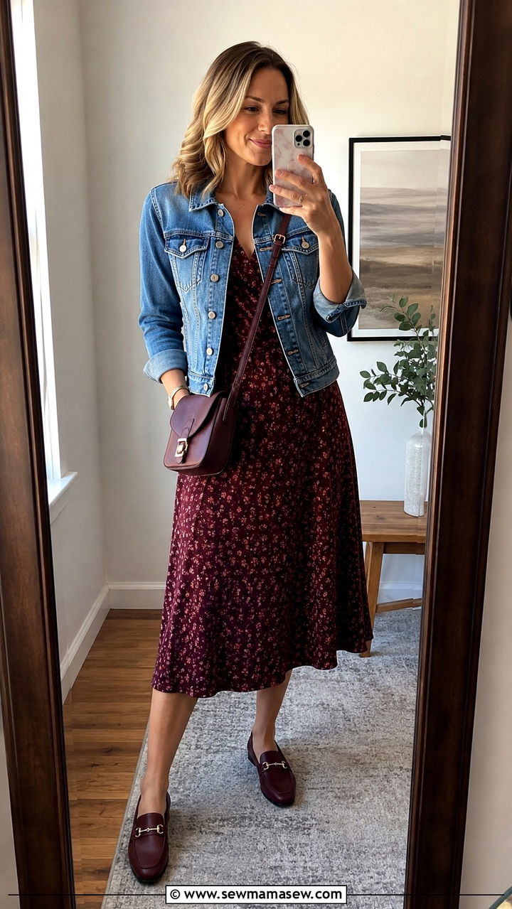 A line midi dress with a denim jacket and loafers - 30 Midi dress outfit ideas with a denim jacket