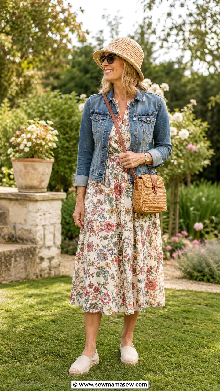 A line midi dress with a denim jacket for tall women over 50 - 30 Tall outfits for women over 50