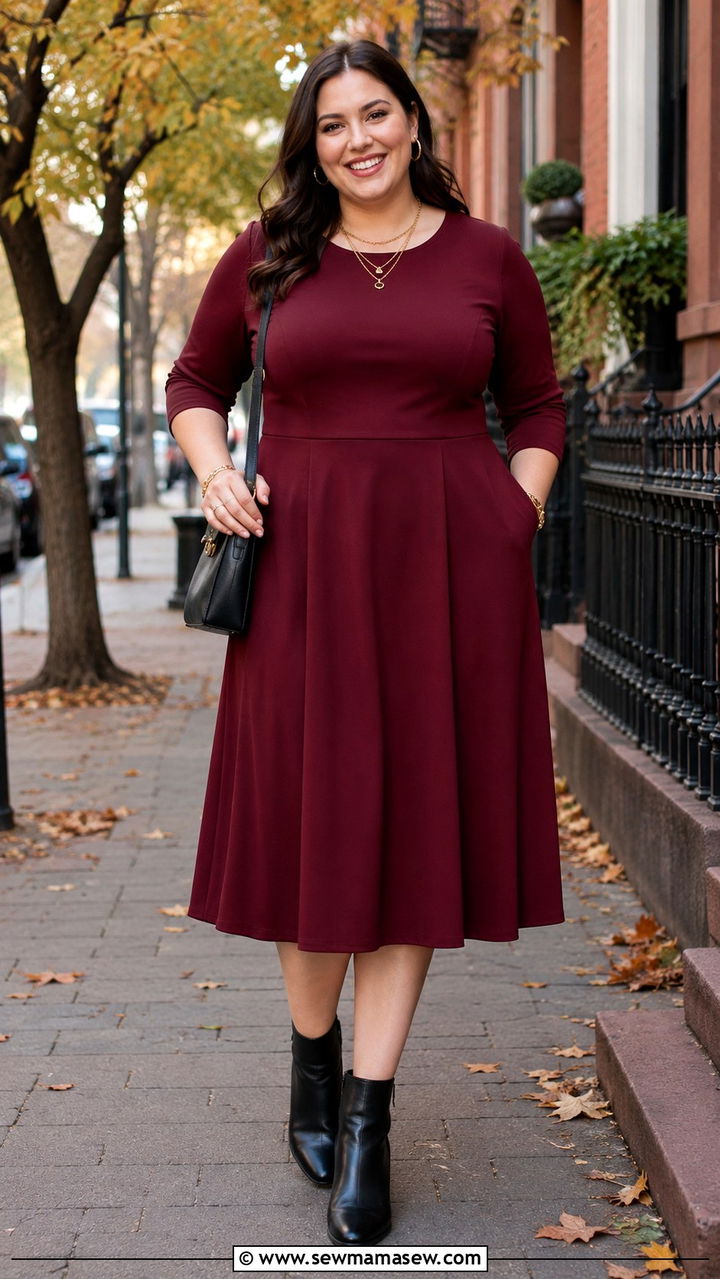 A line midi dress with ankle boots apple shape office - 25 Outfit ideas for apple shape for work