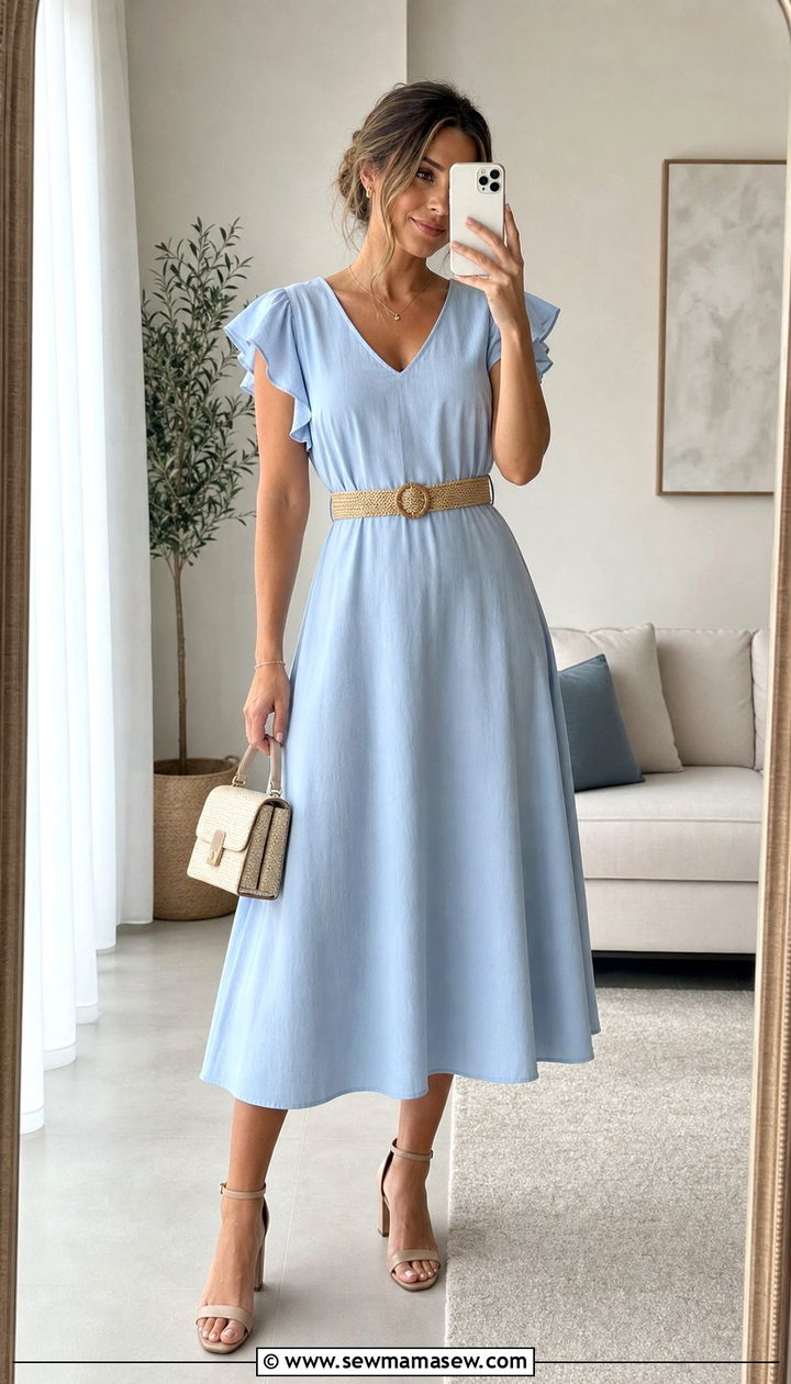 A line midi dress with block heels - 25 Summer outfits to hide belly fat