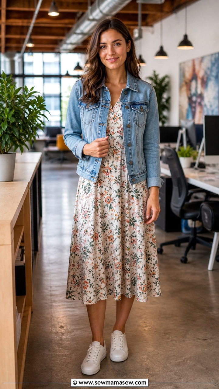 A line midi dress with denim jacket and white sneakers - 40 casual office outfits