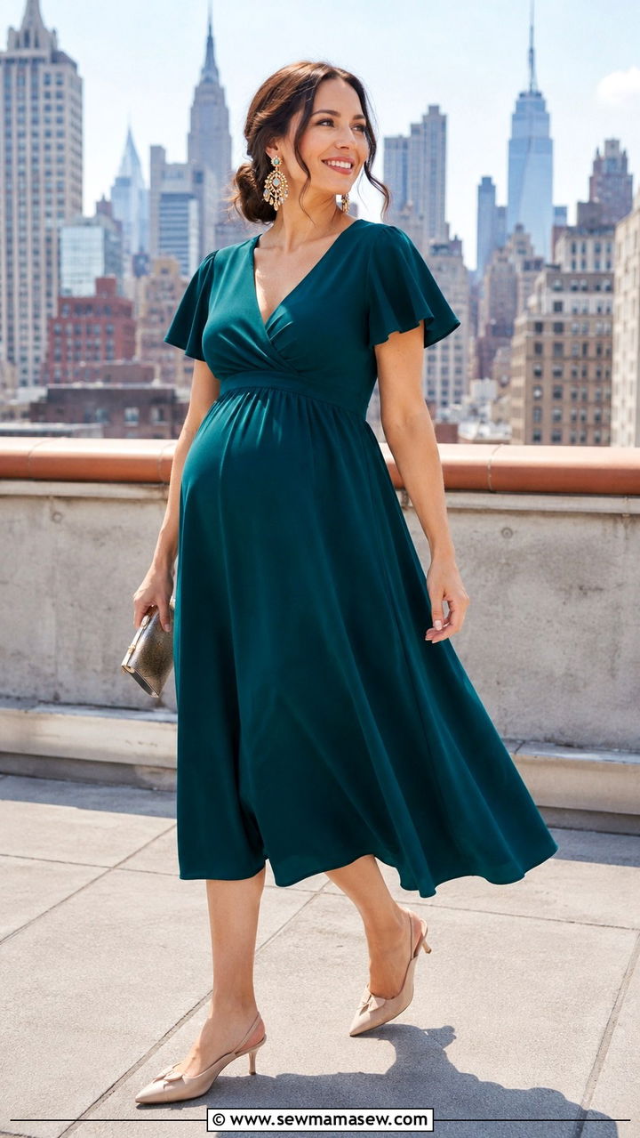A line midi dress with kitten heels and statement earrings - 25 wedding guest outfits for postpartum women