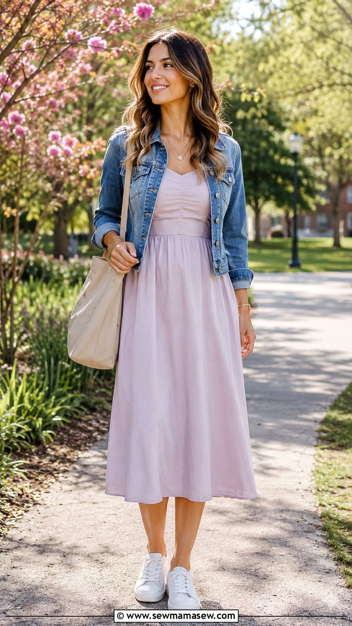 A line midi dress with white sneakers - 30 Midi dress with white sneakers outfit ideas