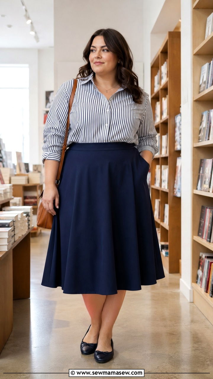 A line midi skirt and button up shirt outfit - 20 Plus size outfit ideas size 16
