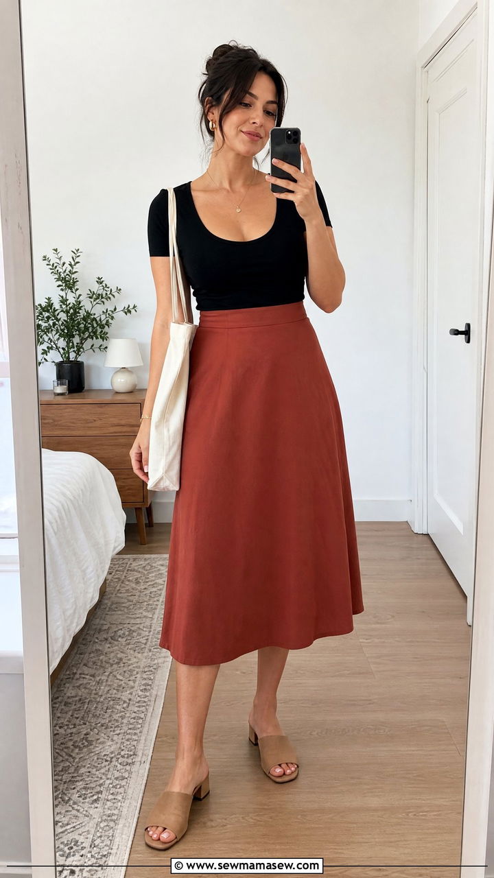 A line midi skirt and scoop neck tee outfit for broad shoulders - 25 Outfits for broad shoulders