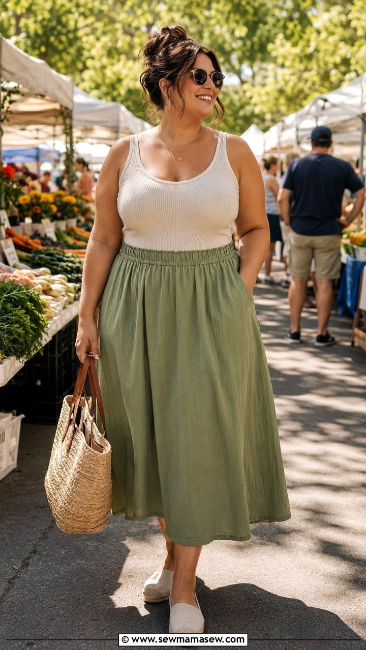 A line midi skirt and tank top summer mom outfit - 30 Plus size outfit ideas for moms