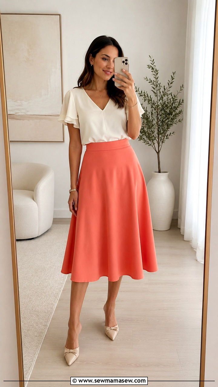 A line midi skirt with V neck blouse outfit - 30 Spring outfits to hide belly fat