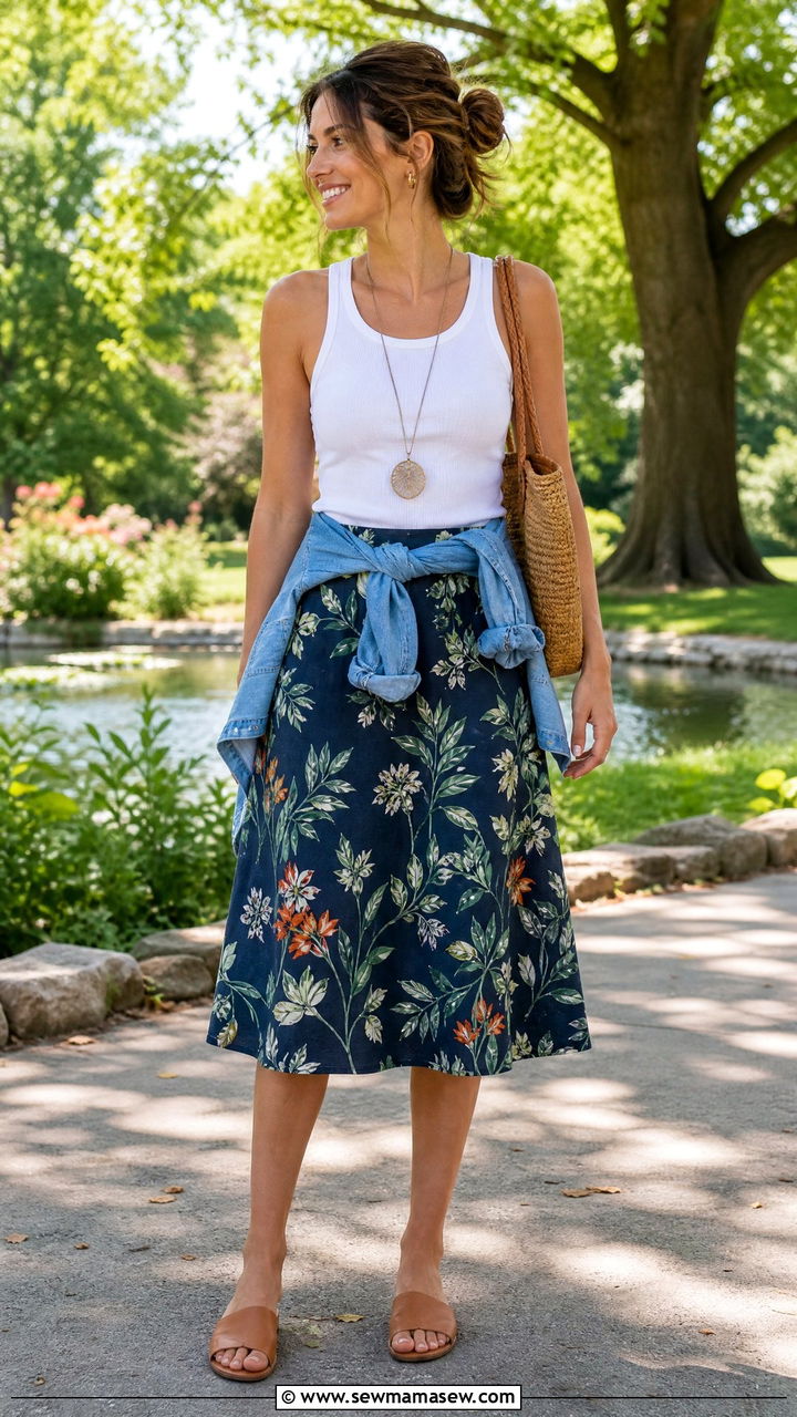 A line midi skirt with a cotton tank - 30 Muggy weather outfit ideas