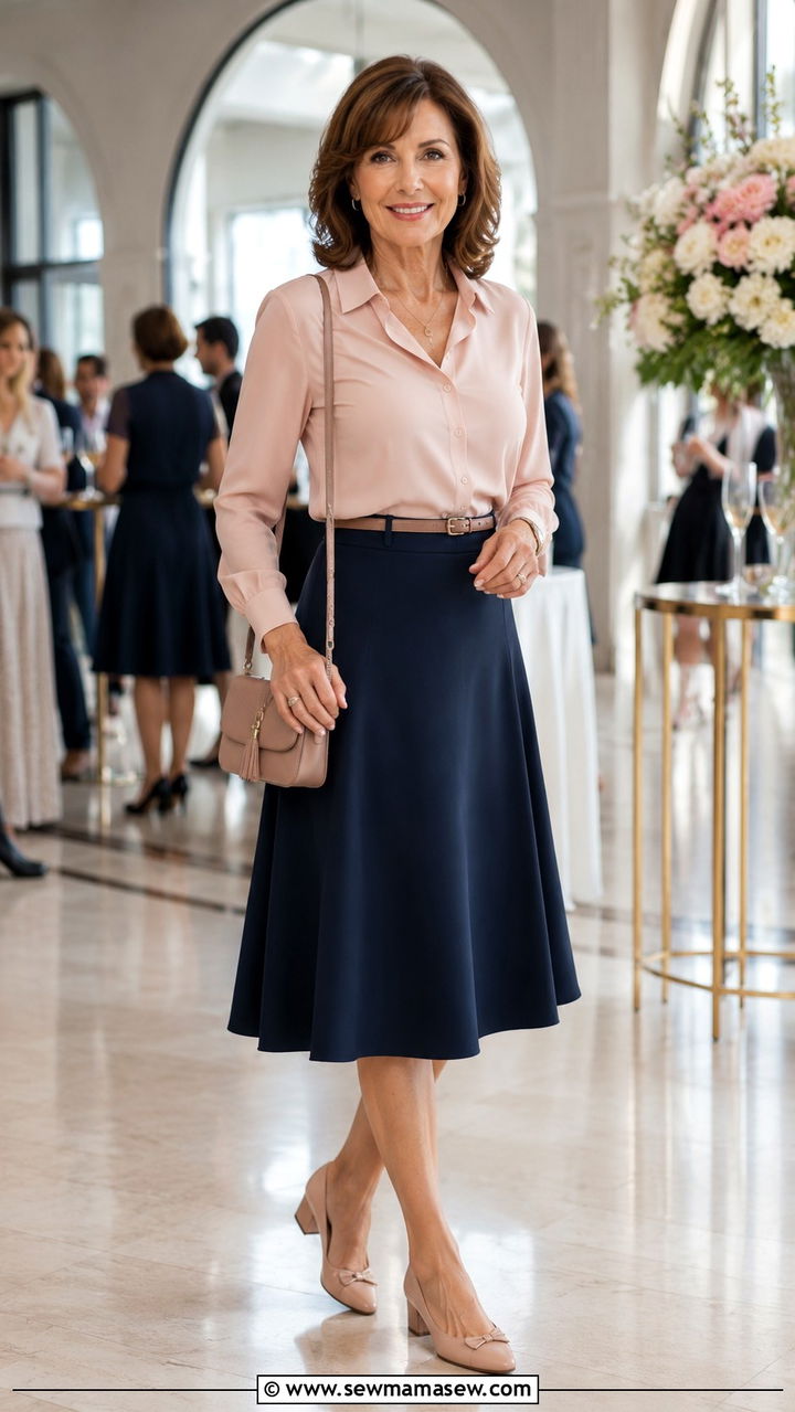 A line midi skirt with belted blouse over 50 - 30 Midsize outfits for women over 50