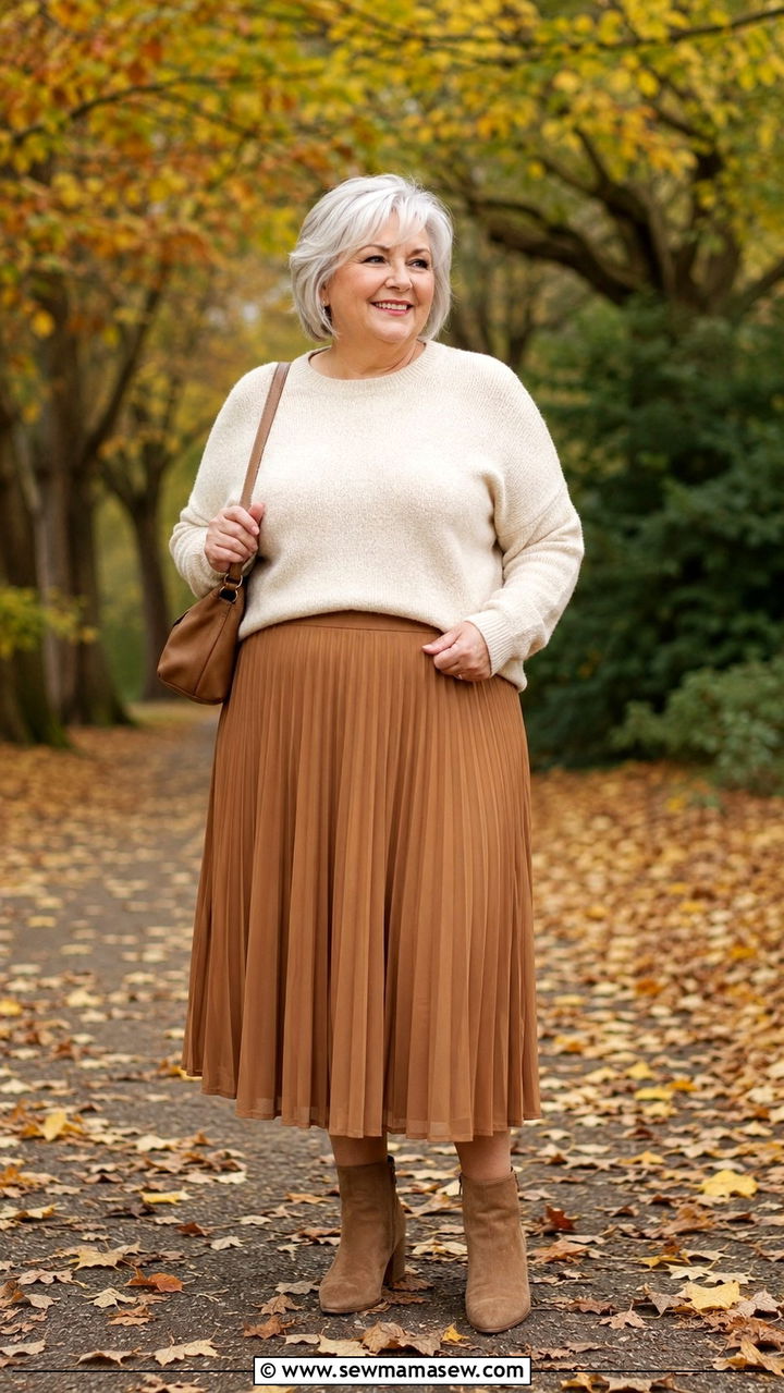 A line midi skirt with cashmere crewneck sweater - 30 Plus size outfit ideas for women over 60