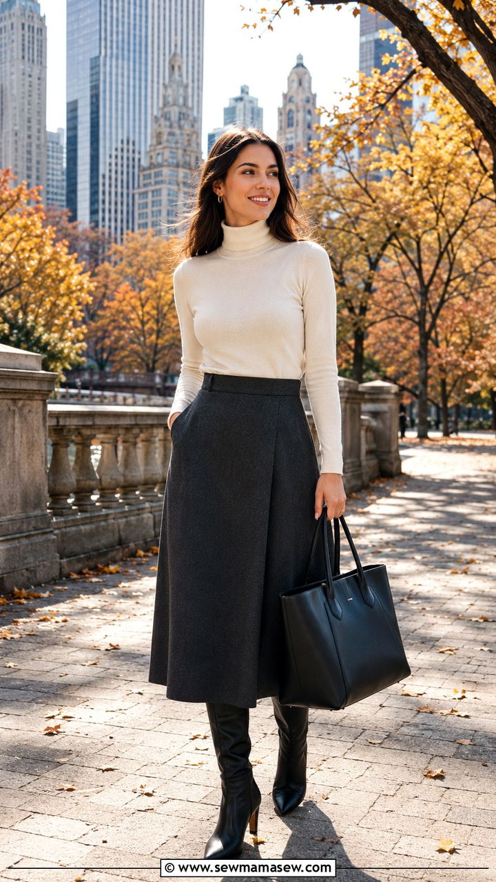 A line midi skirt with fine gauge turtleneck knee high boots and leather tote - 30 Business travel capsule wardrobe