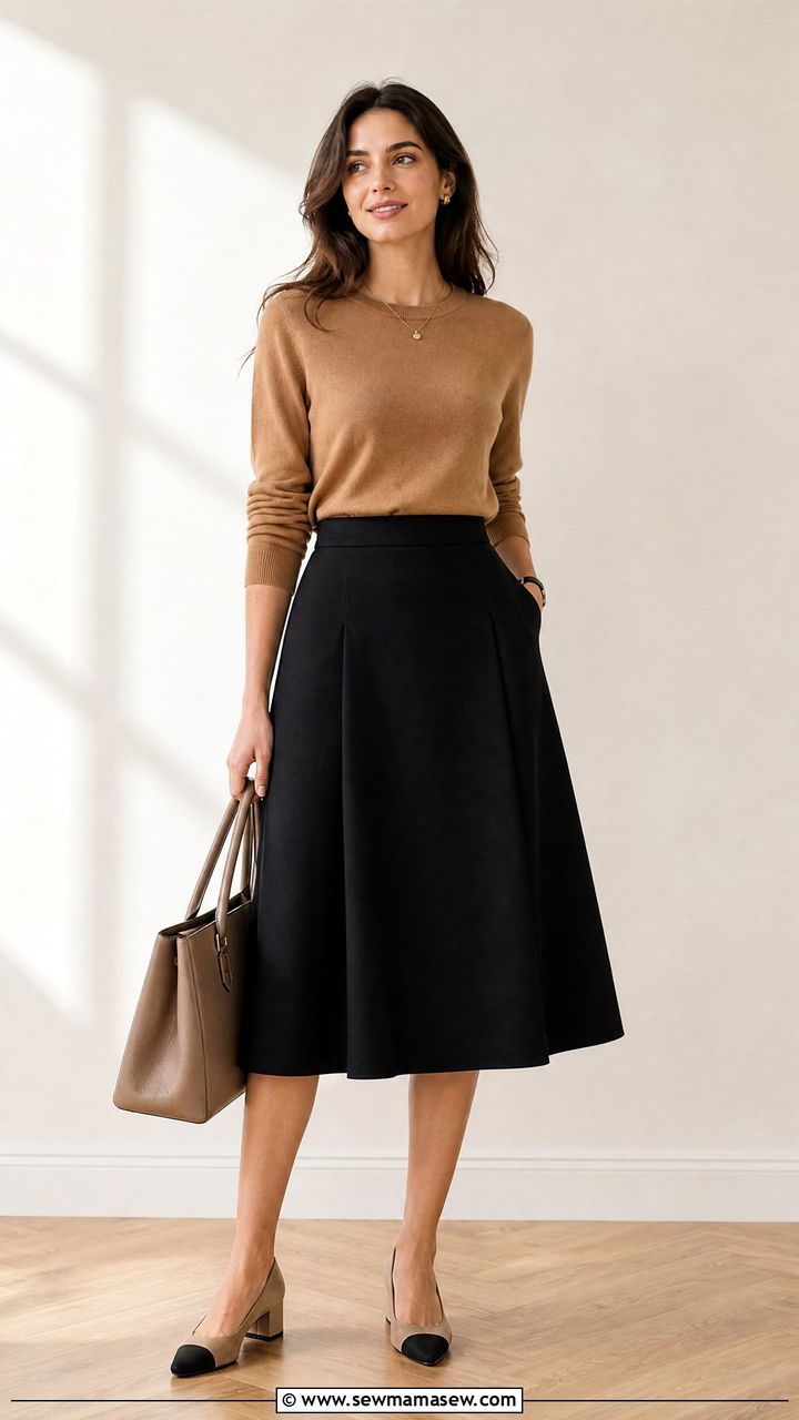 A line midi skirt with knit sweater outfit - 30 Management consultant outfit ideas