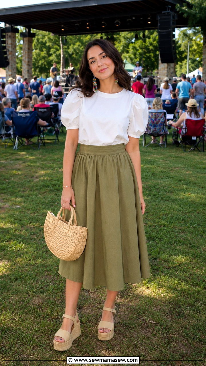 A line midi skirt with puff sleeve top and platform sandals - 30 modest summer concert outfit ideas