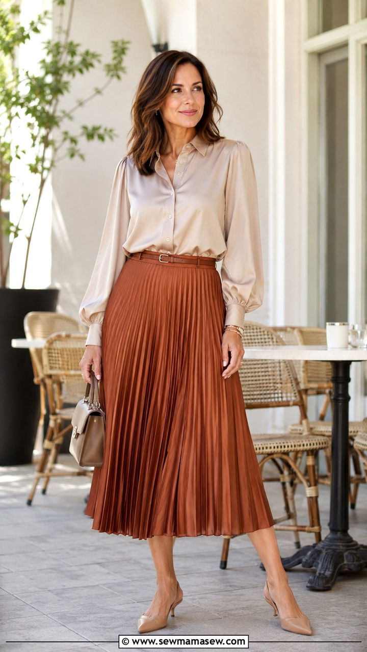 A line midi skirt with tucked blouse over 40 - 25 Outfit ideas for rectangle over 40