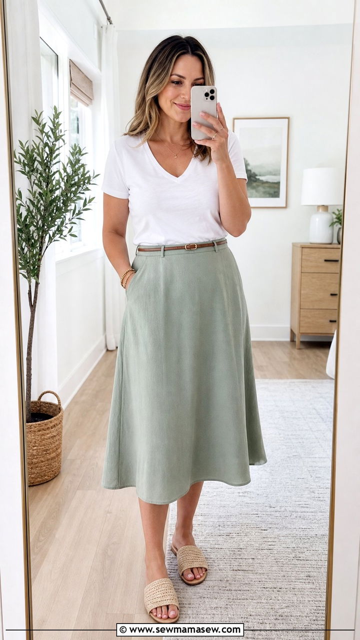 A line midi skirt with tucked v neck tee - 25 Spring outfits for apple shape