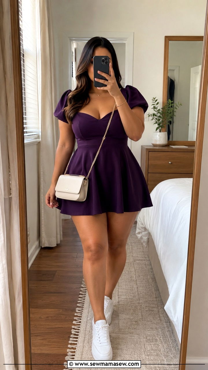 A line mini dress with puffed sleeves - 25 outfit ideas for women with wide hips