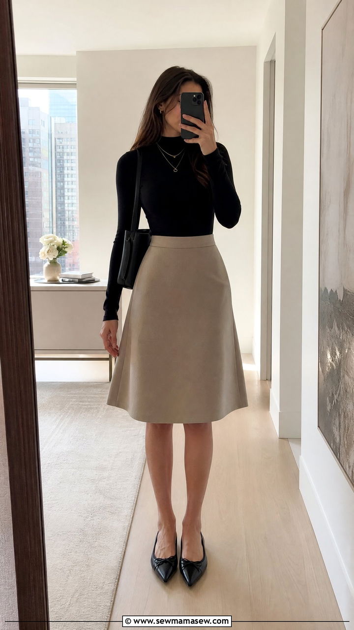 A line skirt with a bodysuit and pointy toe flats - 25 How to style an A line skirt