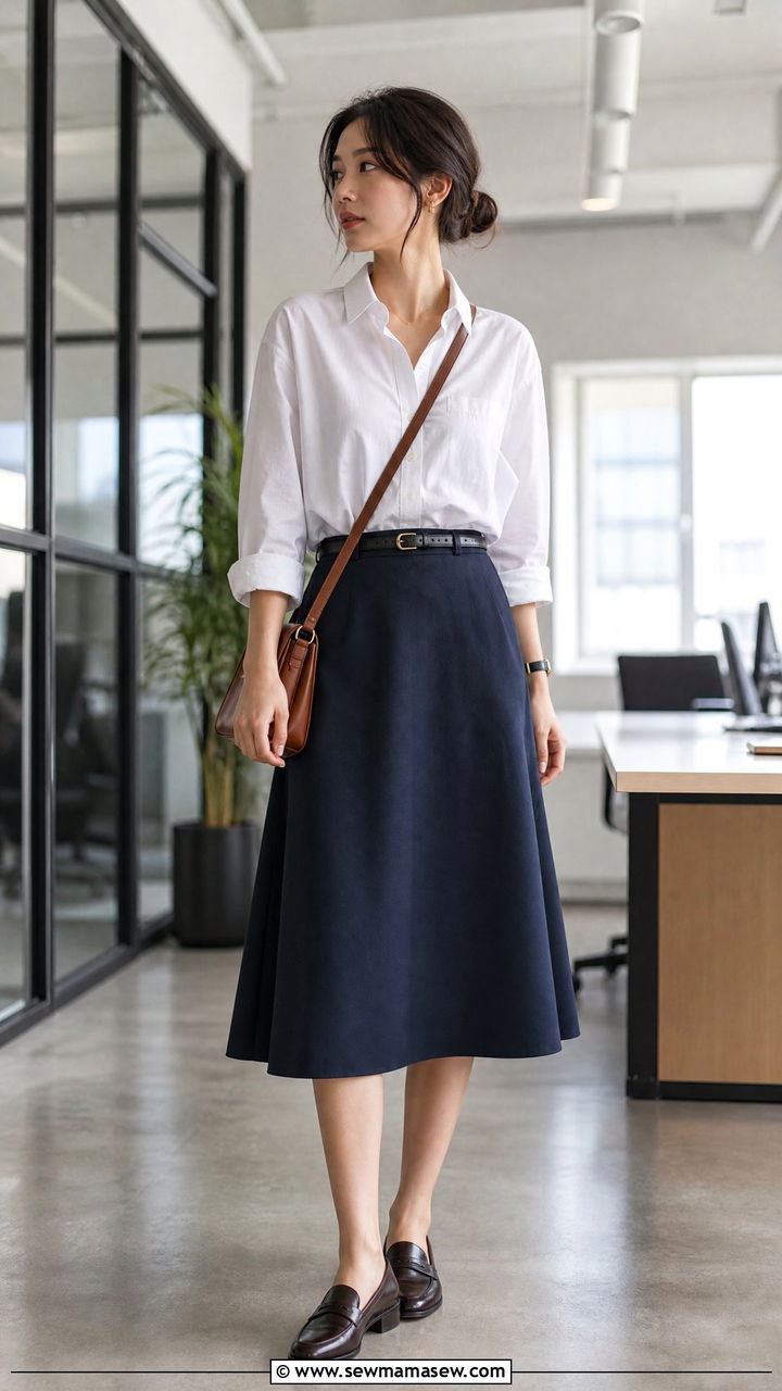 A line skirt with a button down shirt and loafers - 25 How to style an A line skirt