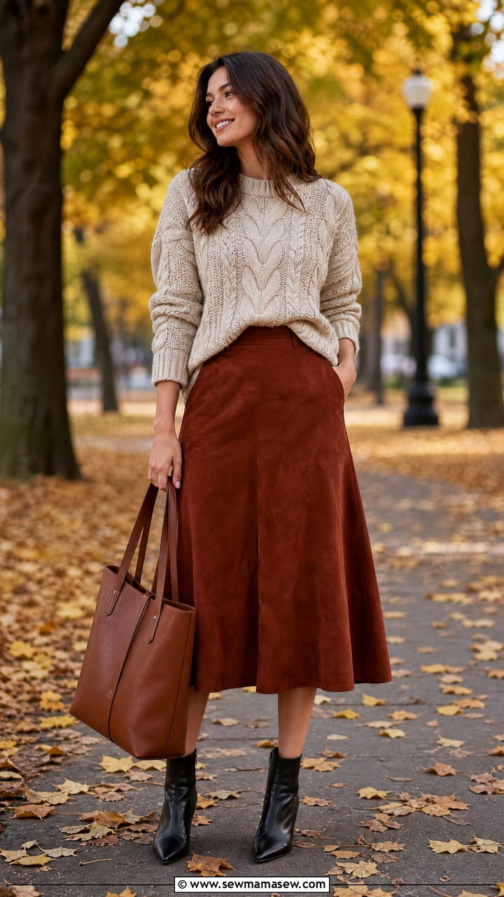 A line skirt with a chunky knit sweater and ankle boots - 25 How to style an A line skirt
