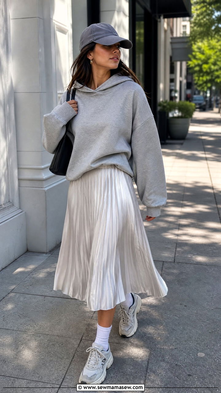 A line skirt with a hoodie and chunky sneakers - 25 How to style an A line skirt