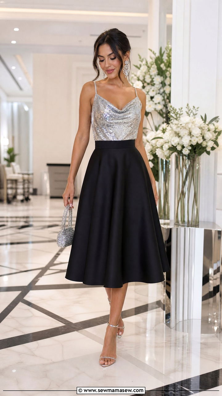 A line skirt with a metallic top and strappy heels - 25 How to style an A line skirt
