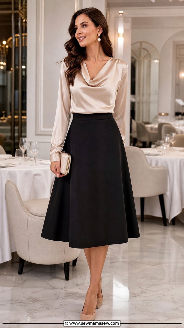 A line skirt with a silky blouse and heeled pumps - 25 How to style an A line skirt