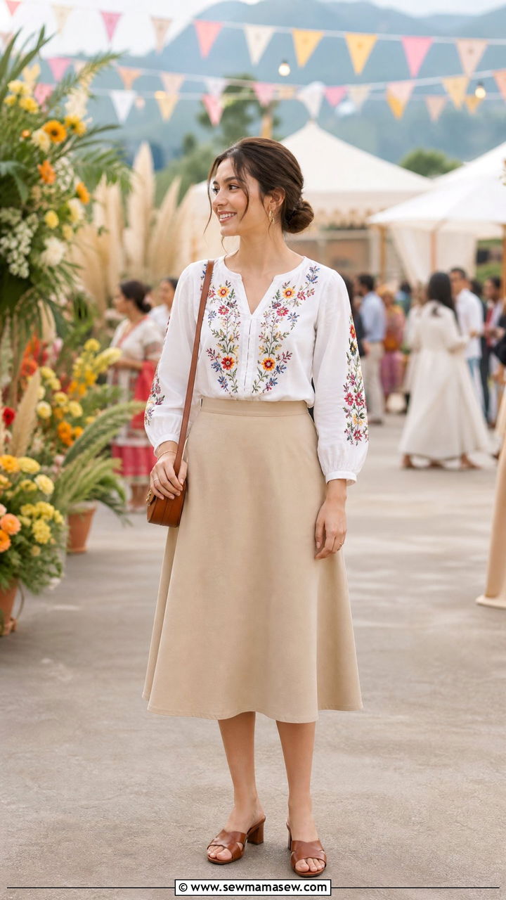 A line skirt with an embroidered blouse and mules - 25 How to style an A line skirt