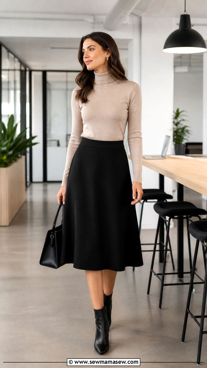 A line skirt with light turtleneck and ankle boots - 40 casual office outfits