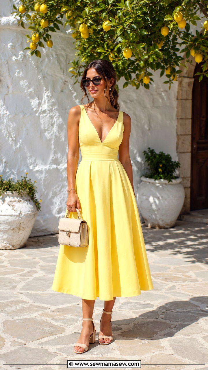 A line tea length dress with ankle strap heels for Greek wedding - 20 Wedding guest outfit ideas Greek wedding
