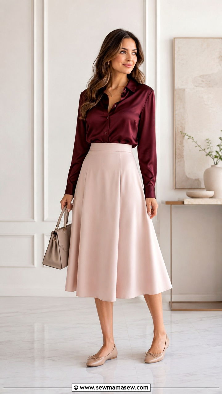 ALine Midi Skirt With Satin Blouse And Ballet Flats Outfit - 25 work outfits for modest women