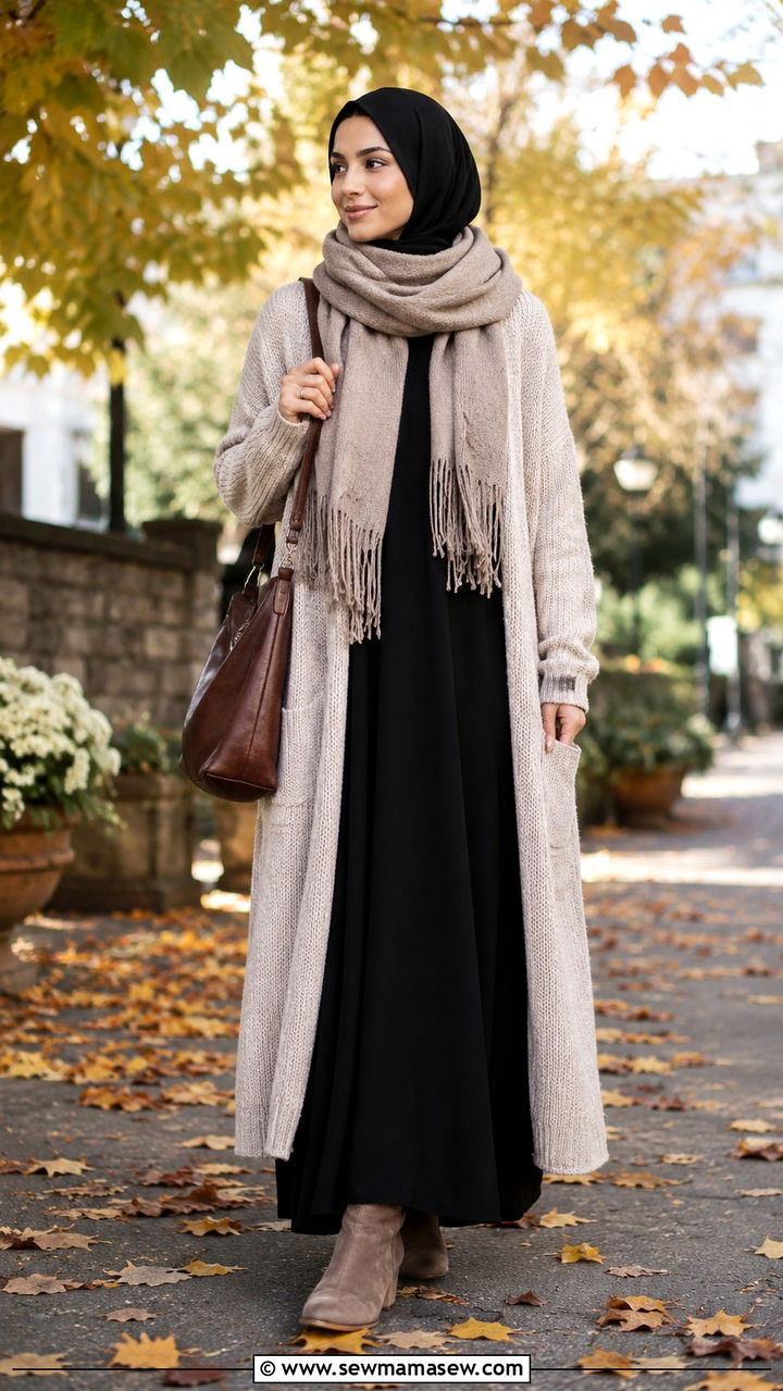 Abaya Layered Over A Long Cardigan - 30 Modest outfit ideas with abaya