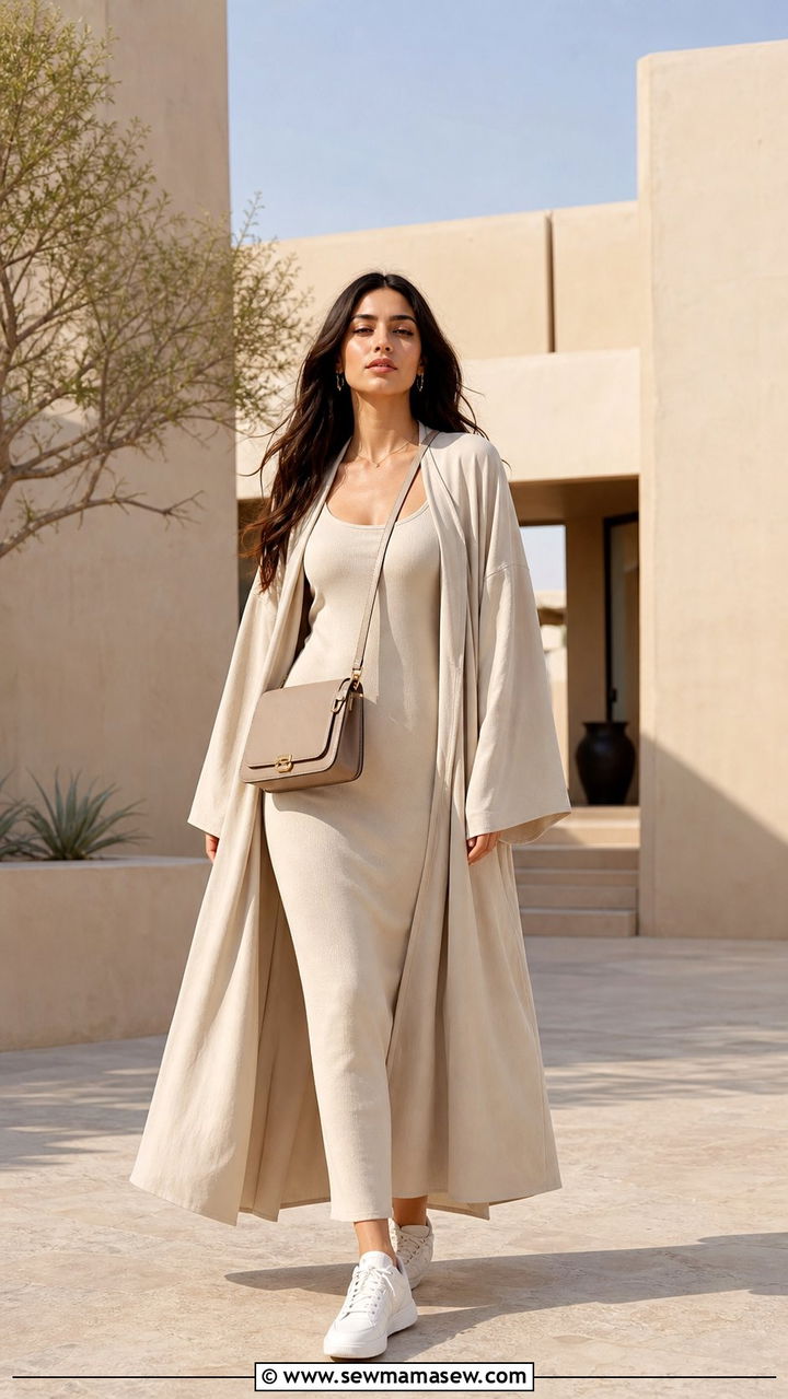 Abaya Style Open Coat With Tank Dress And Sneakers - 25 Summer desert outfits