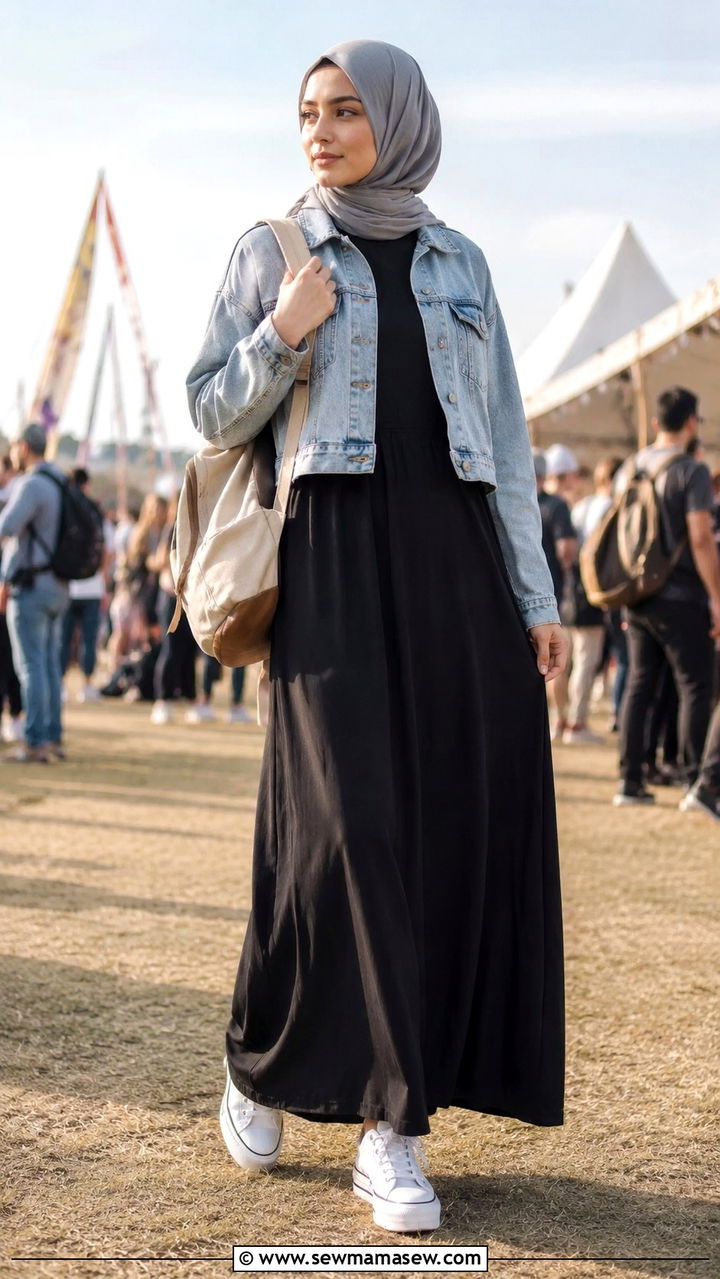 Abaya With Denim Jacket And Sneakers - 30 Modest outfit ideas with abaya