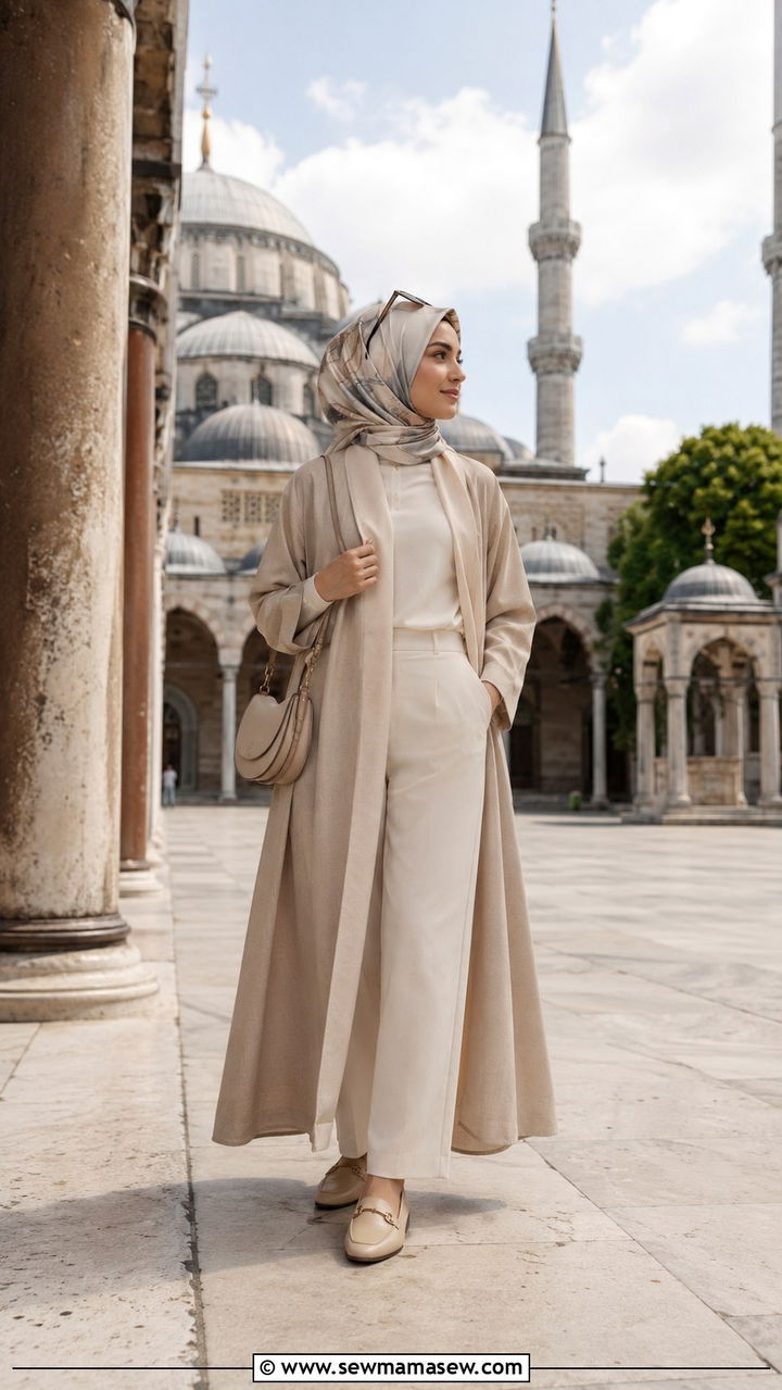 Abaya style long coat with tailored pants Istanbul modest outfit - 30 Istanbul outfit ideas