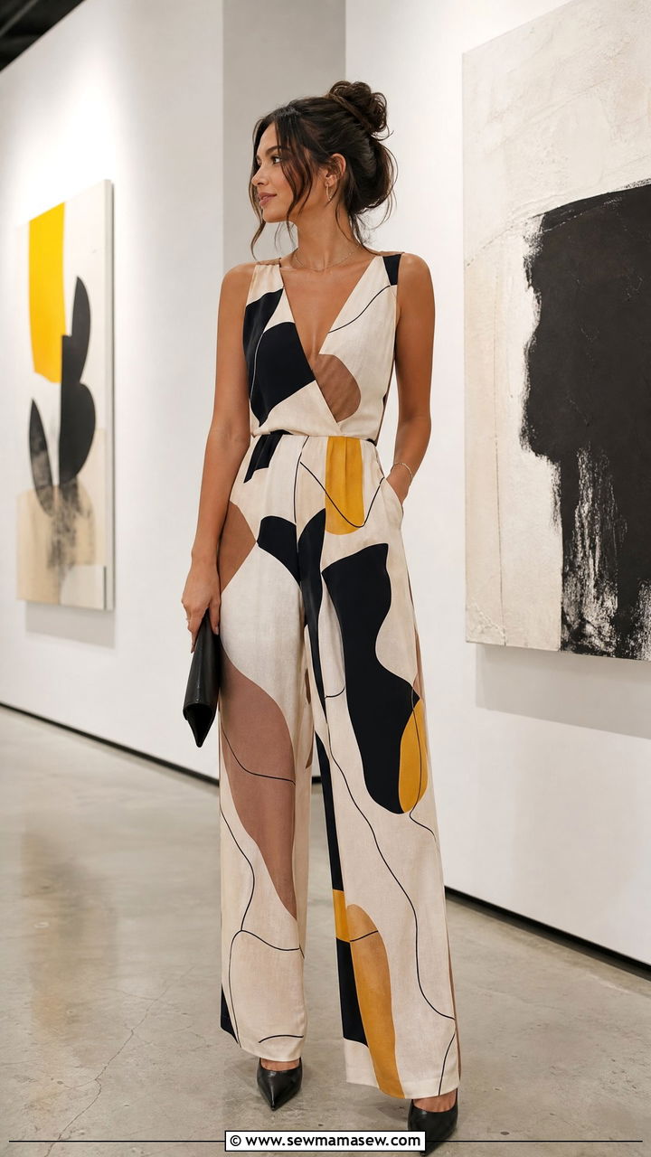 Abstract Print Jumpsuit with Pointed Heels - 30 summer jumpsuit outfit ideas