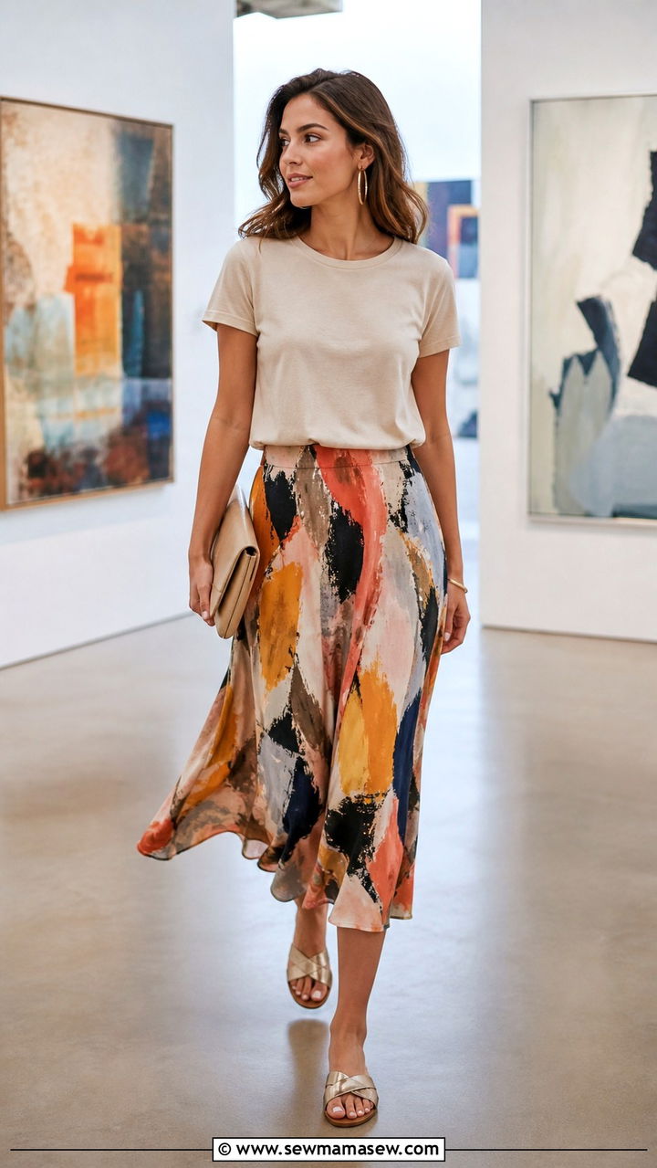 Abstract Print Skirt and Solid Tee Outfit - 40 Summer outfit ideas for women over 40 2026