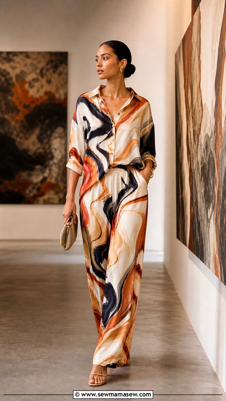 Abstract Print Top And Pants Matching Set - 40 Matching set outfit ideas printed