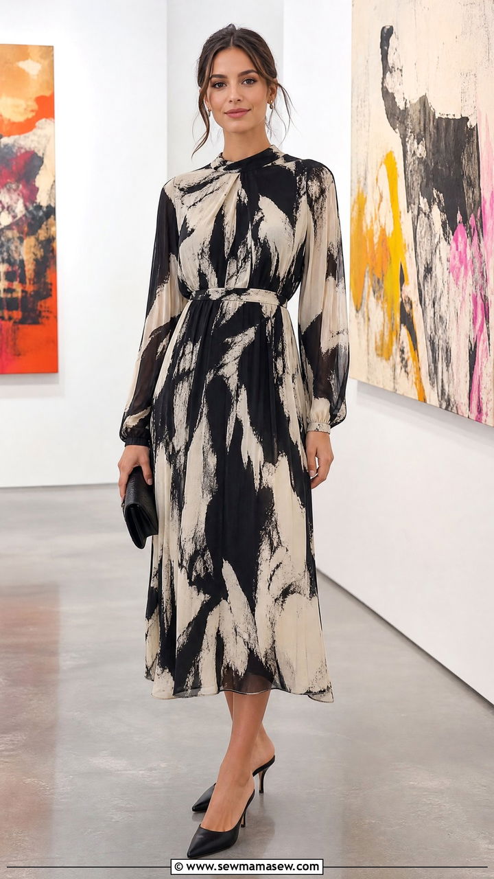 Abstract print dress gallery opening look - 30 Gallery opening outfit ideas