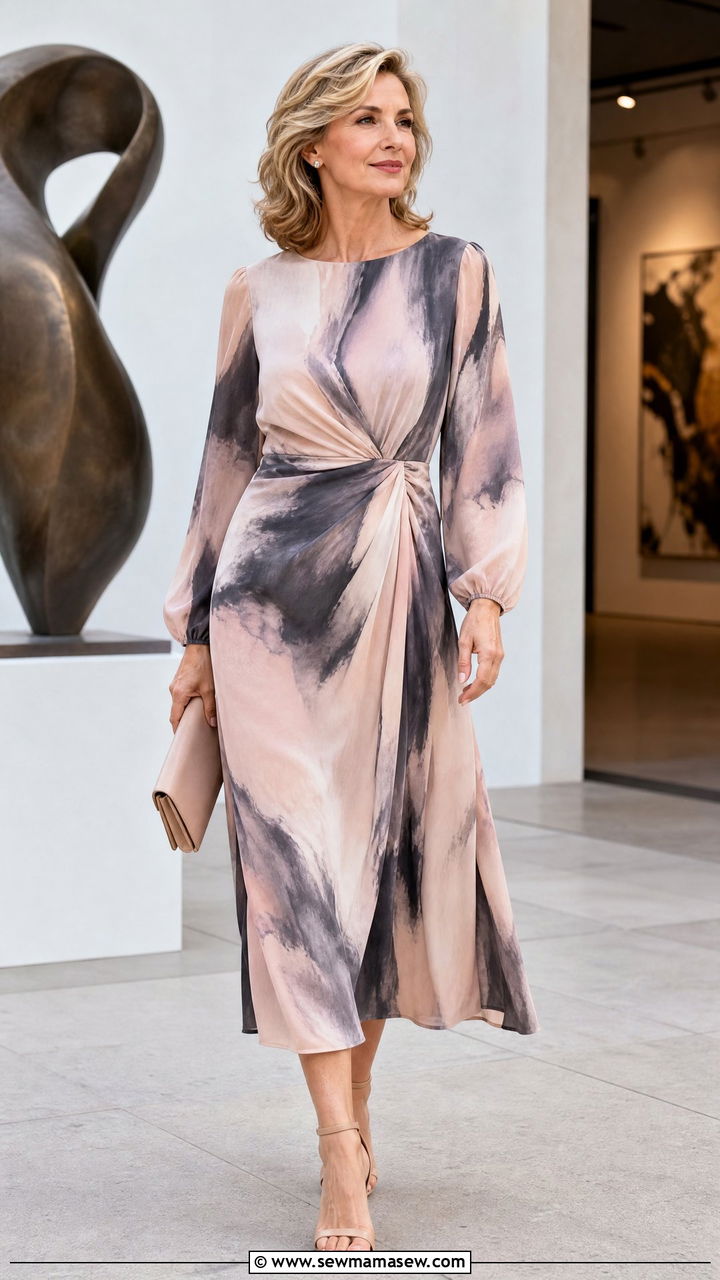 Abstract print midi dress with neutral heels - 30 midi dress outfits for women over 40