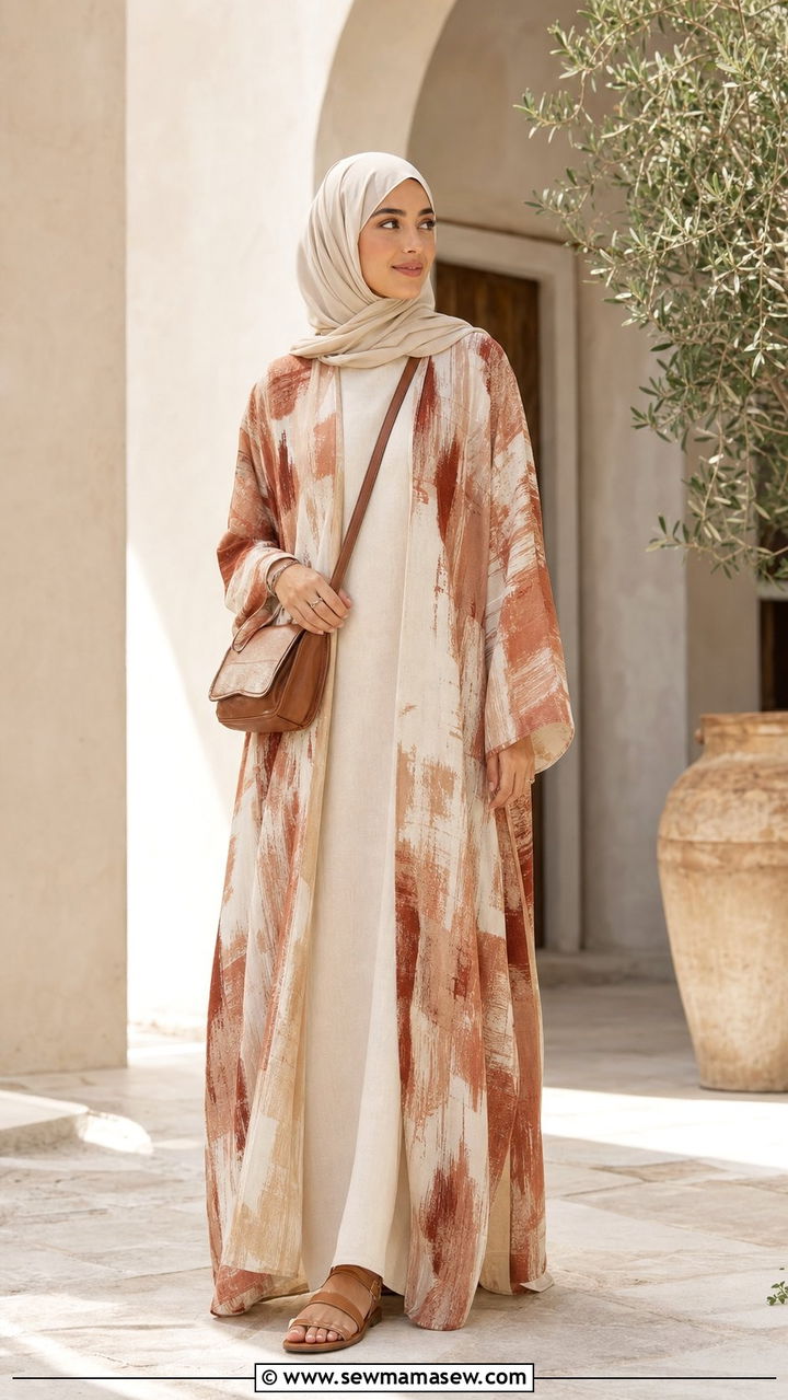 Abstract printed abaya with simple sandals - 25 Eid outfit ideas with abaya