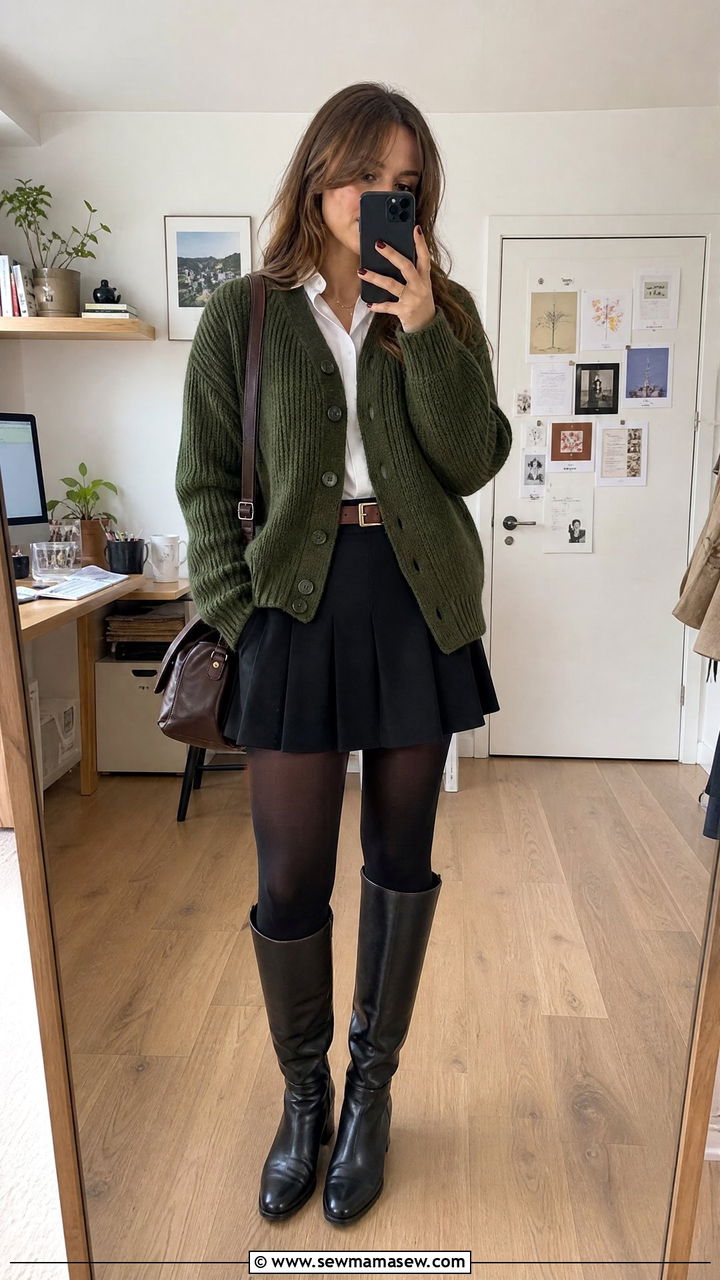 Academic Cardigan and Pleated Mini Skirt - 30 Dark academia work outfits
