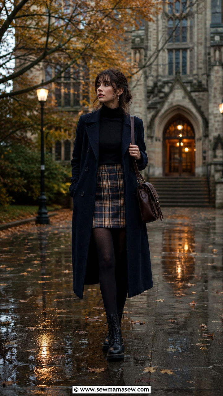 Academic Plaid Skirt with Wool Coat and Tights - 25 rainy day outfits aesthetic