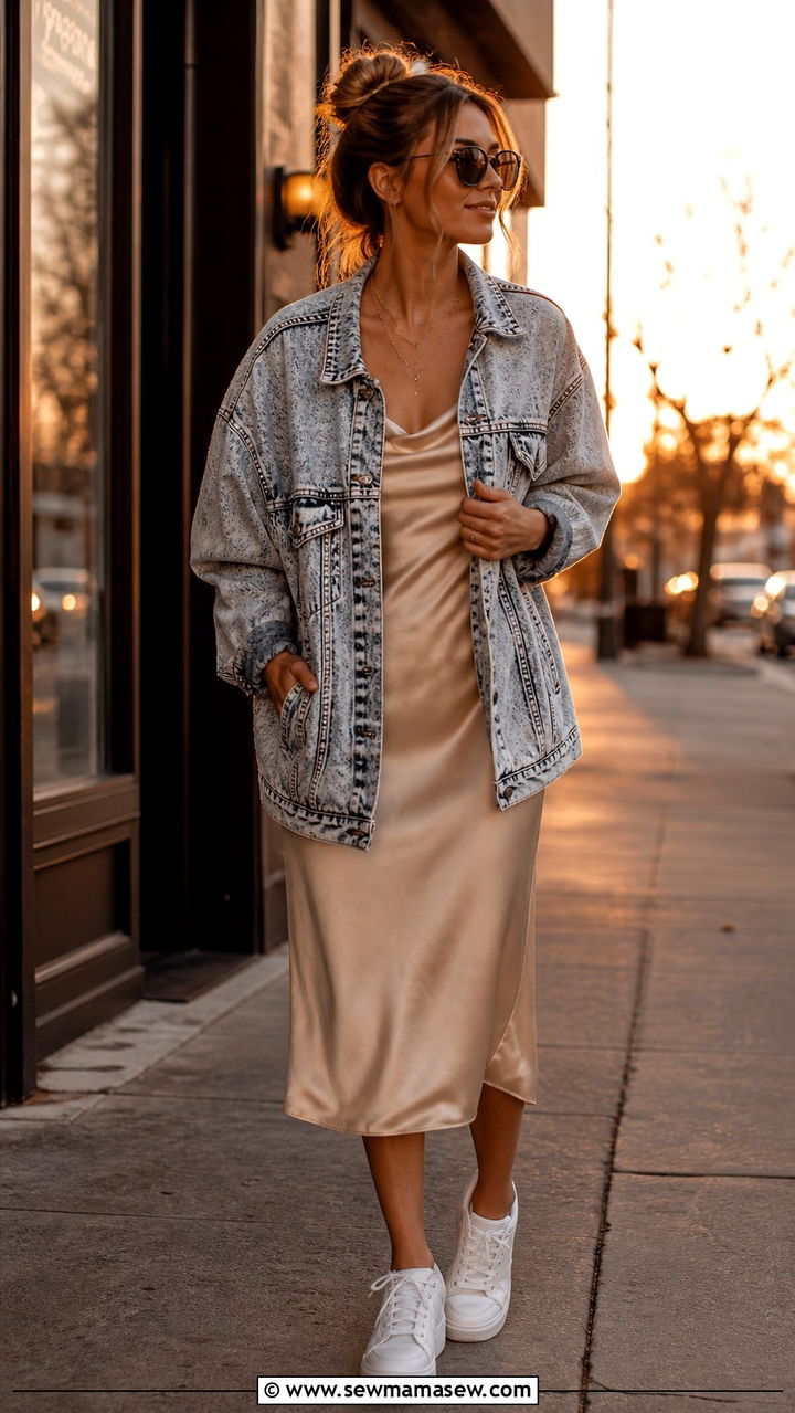 Acid Wash Denim Jacket With Slip Midi Dress - 40 summer outfits 2026