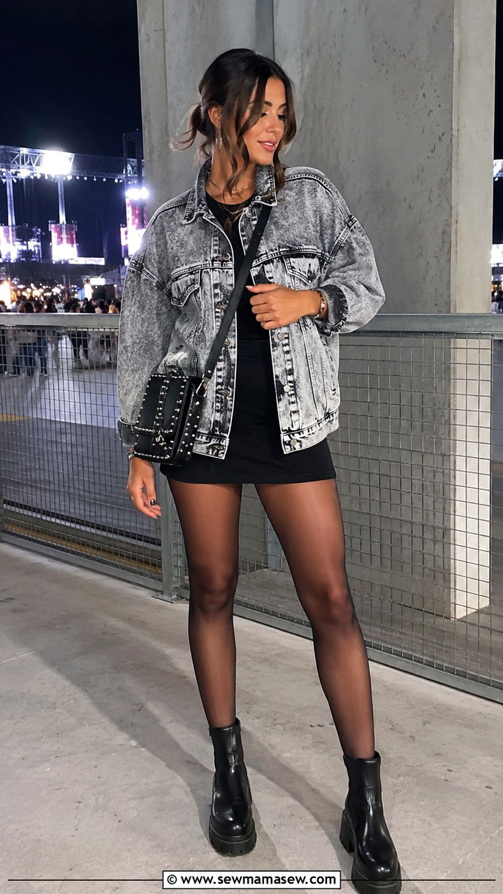 Acid Wash Denim Jacket and Black Mini Skirt Outfit - 30 Retro outfit ideas 2026