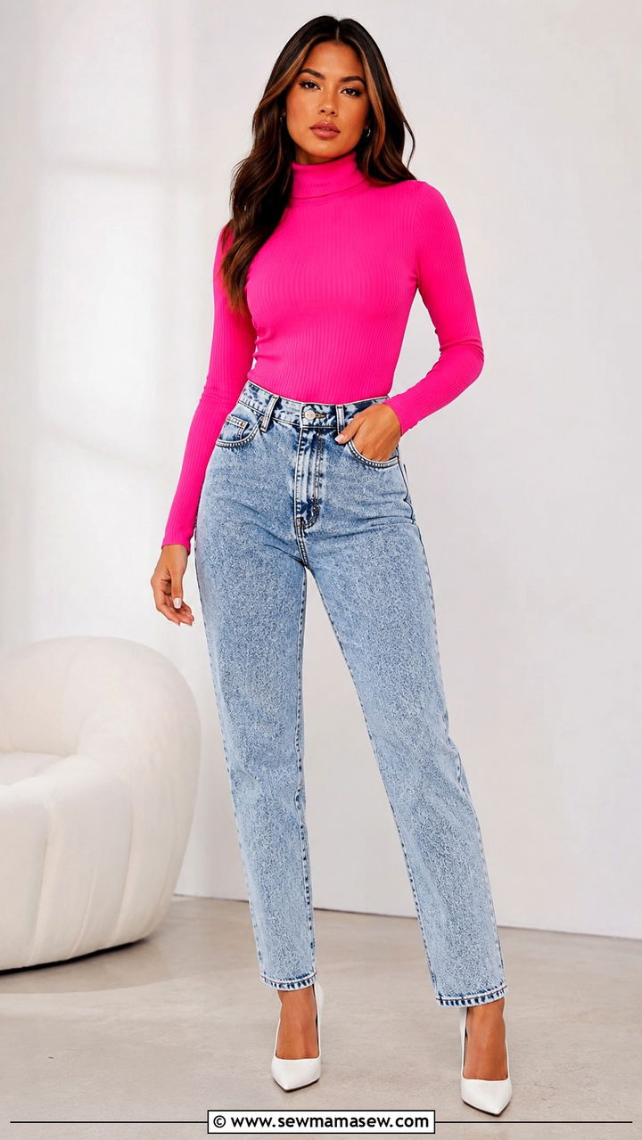 Acid Wash Jeans With Bold Color Top - 25 Acid wash jeans outfit ideas