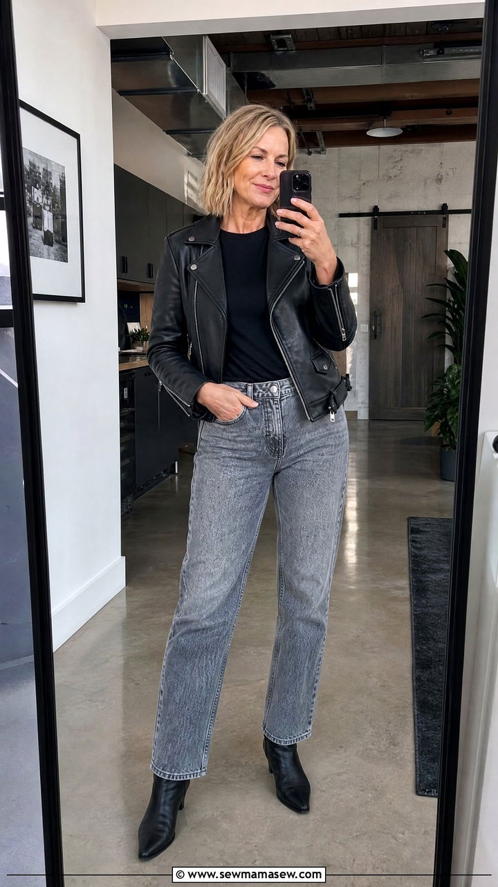 Acid Wash Light Jeans With Black Tee And Leather Moto Jacket - 35 Jeans outfit ideas for women over 50