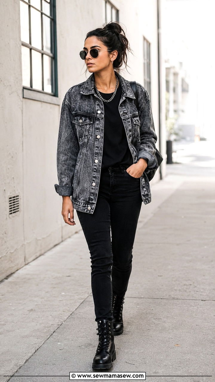 Acid wash denim jacket with all black everything underneath - 30 grunge outfits to copy